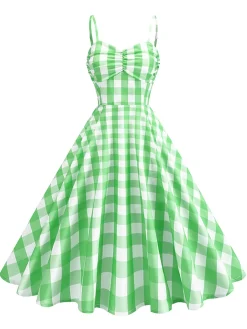 Fashion Retro Stage 1950s Ruched Spaghetti Straps Gingham Plaid Dress