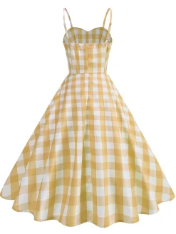 Fashion Retro Stage 1950s Ruched Spaghetti Straps Gingham Plaid Dress