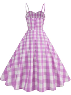 Fashion Retro Stage 1950s Ruched Spaghetti Straps Gingham Plaid Dress