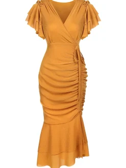 Sale Retro Stage 1930s Ruffle Lace-up Fishtail Dress