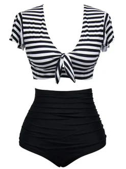 New Retro Stage 1950s Ruffle Sleeve Lace-Up Patchwork Swimsuit