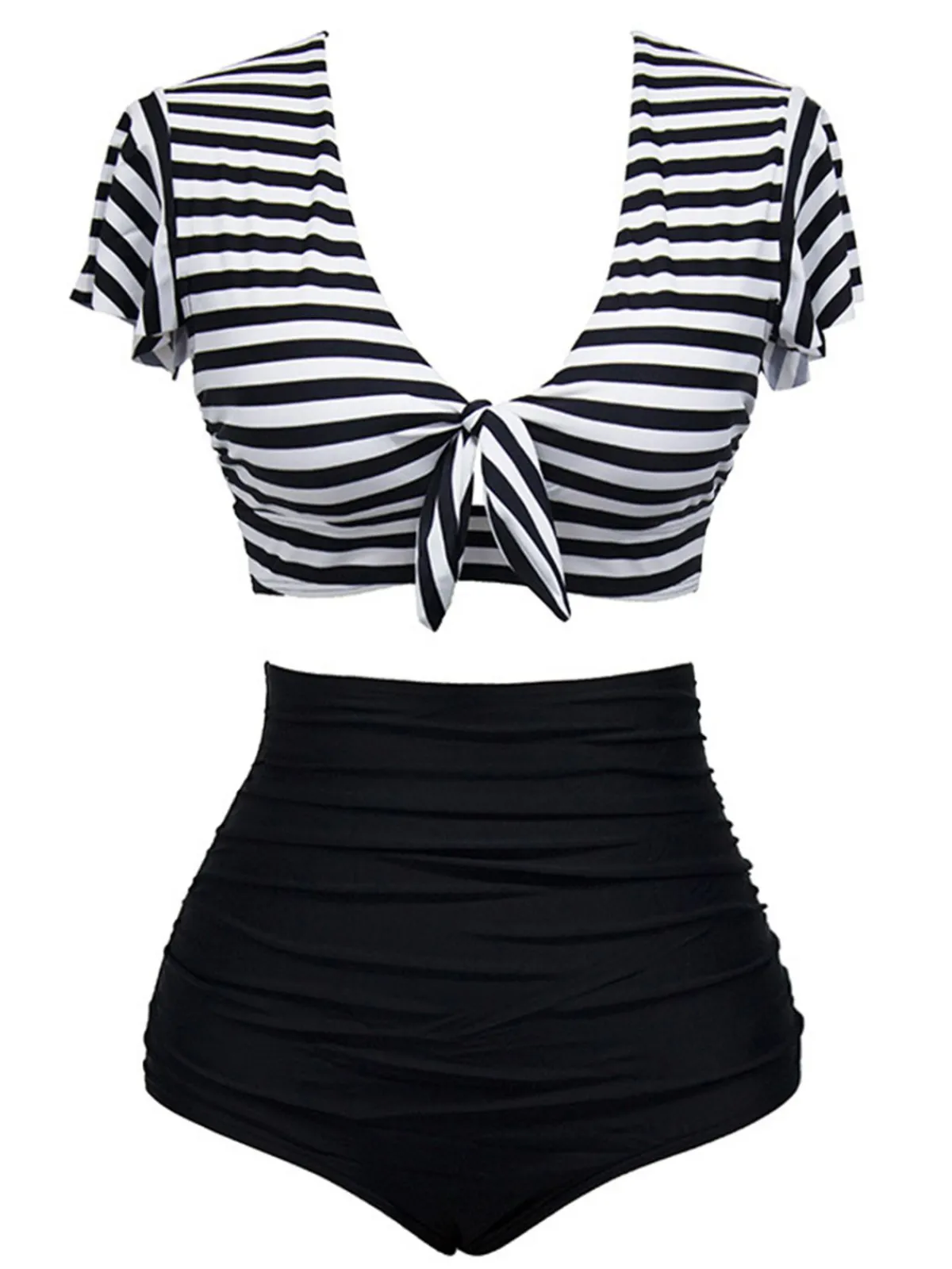 New Retro Stage 1950s Ruffle Sleeve Lace-Up Patchwork Swimsuit