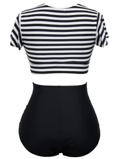 New Retro Stage 1950s Ruffle Sleeve Lace-Up Patchwork Swimsuit