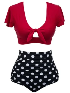 New Retro Stage 1950s Ruffle Sleeve Lace-Up Patchwork Swimsuit