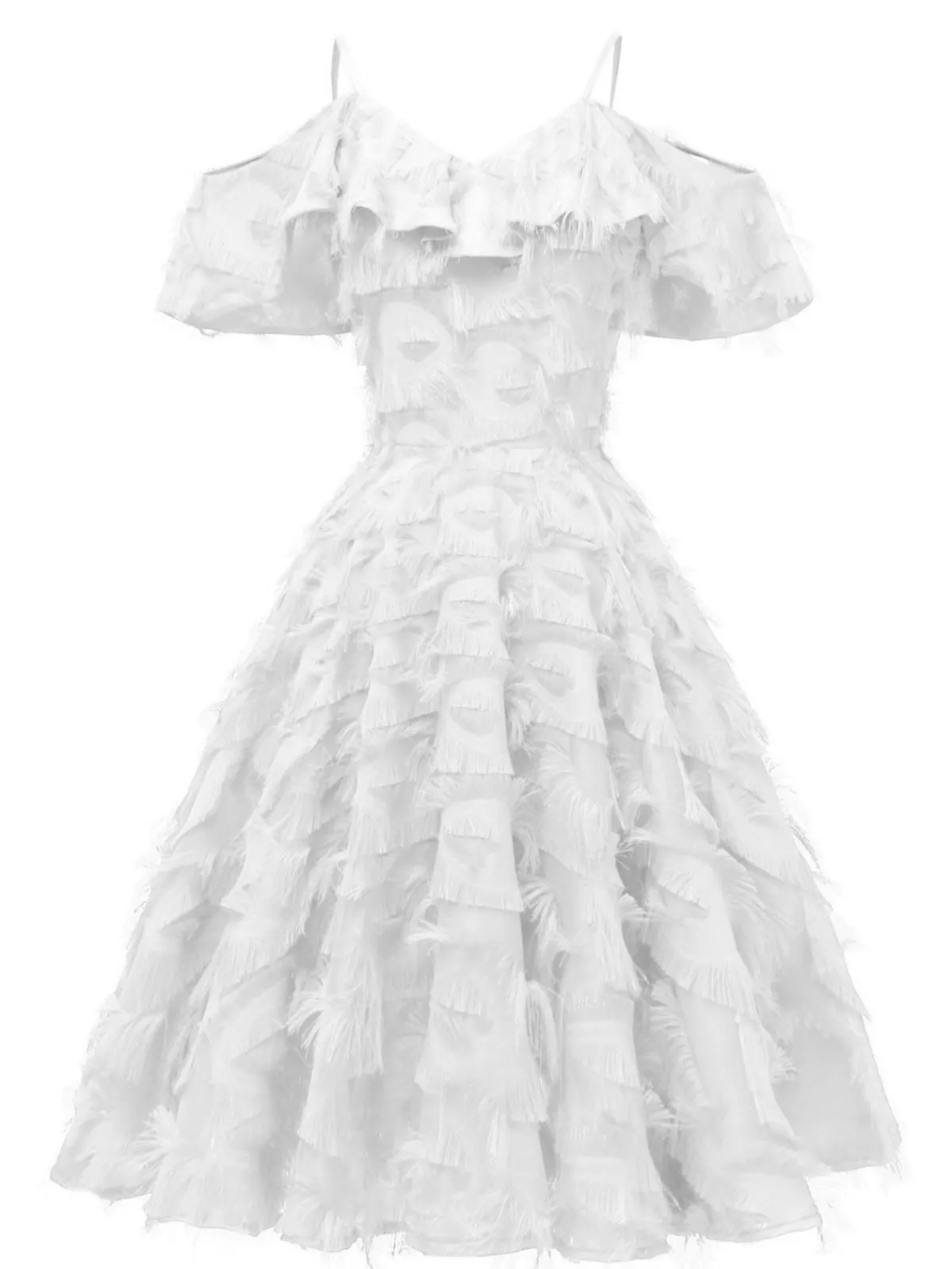 Clearance Retro Stage 1950s Ruffle Tassel Feather Solid Dress
