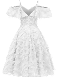 Clearance Retro Stage 1950s Ruffle Tassel Feather Solid Dress