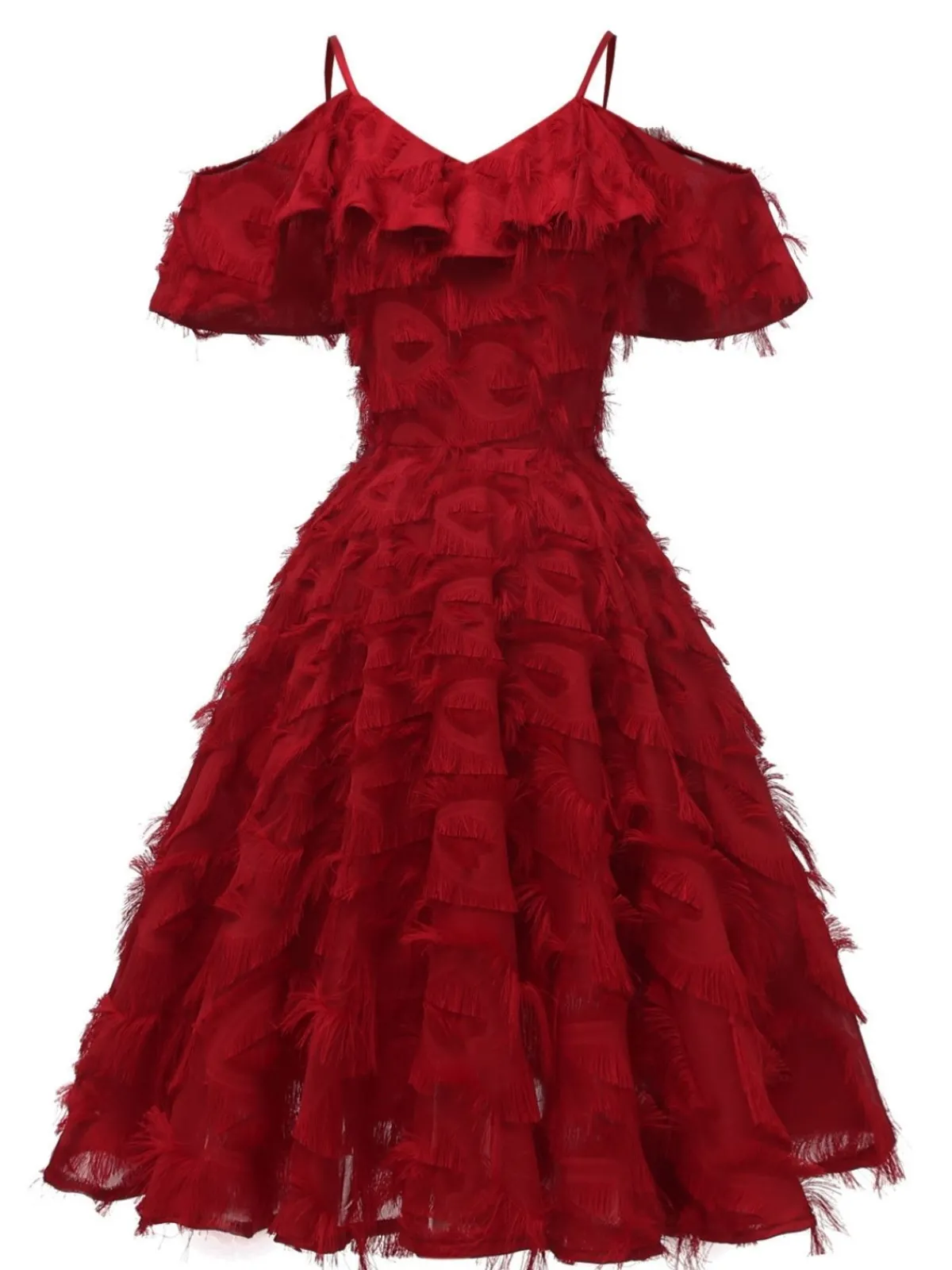Clearance Retro Stage 1950s Ruffle Tassel Feather Solid Dress