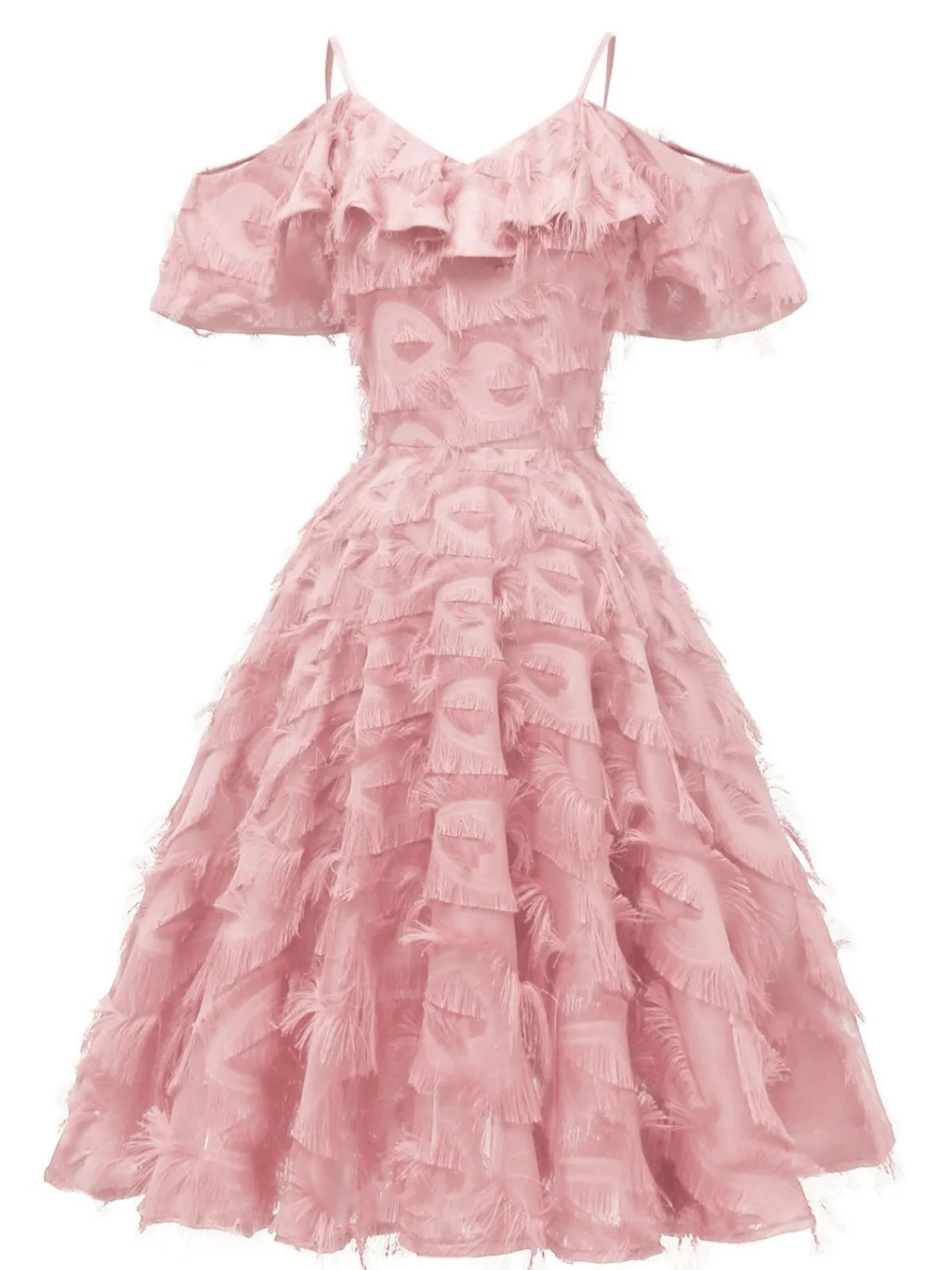 Clearance Retro Stage 1950s Ruffle Tassel Feather Solid Dress