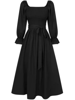 Online Retro Stage 1940s Ruffle Wrap Reversible Puff Sleeve Dress