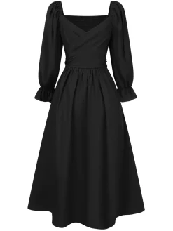 Online Retro Stage 1940s Ruffle Wrap Reversible Puff Sleeve Dress