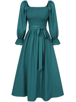 Online Retro Stage 1940s Ruffle Wrap Reversible Puff Sleeve Dress