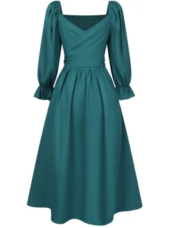 Online Retro Stage 1940s Ruffle Wrap Reversible Puff Sleeve Dress