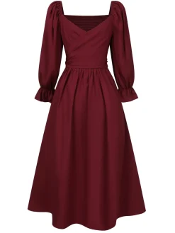 Online Retro Stage 1940s Ruffle Wrap Reversible Puff Sleeve Dress