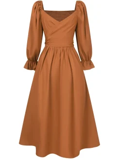 Online Retro Stage 1940s Ruffle Wrap Reversible Puff Sleeve Dress