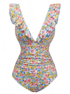 Online Retro Stage 1950s Ruffled Ditsy Floral Deep V-Neck Swimsuit Multicolor