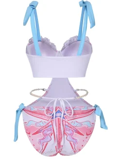 New Retro Stage 1970s Ruffled Pearl Chain Hollow Waist Swimsuit Pink