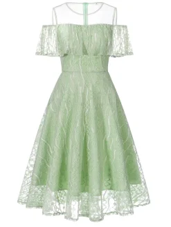 Discount Retro Stage 1950s Ruffled Sleeves Lace Swing Dress