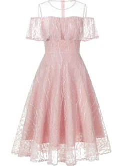 Discount Retro Stage 1950s Ruffled Sleeves Lace Swing Dress