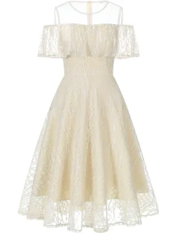 Discount Retro Stage 1950s Ruffled Sleeves Lace Swing Dress