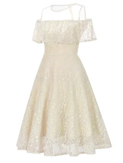 Discount Retro Stage 1950s Ruffled Sleeves Lace Swing Dress