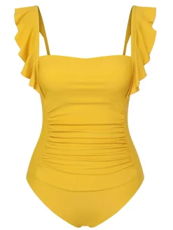 Discount Retro Stage 1950s Ruffles Backless Solid One-Piece Swimsuit