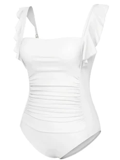 Discount Retro Stage 1950s Ruffles Backless Solid One-Piece Swimsuit
