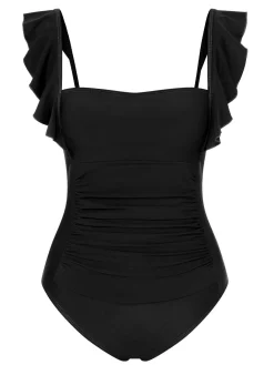 Discount Retro Stage 1950s Ruffles Backless Solid One-Piece Swimsuit