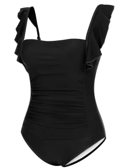 Discount Retro Stage 1950s Ruffles Backless Solid One-Piece Swimsuit