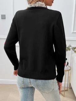 Outlet Retro Stage 1940s Ruffles Heart Embroidered Sweater