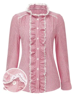 Sale Retro Stage 1940s Ruffles Lace Stripes Blouse