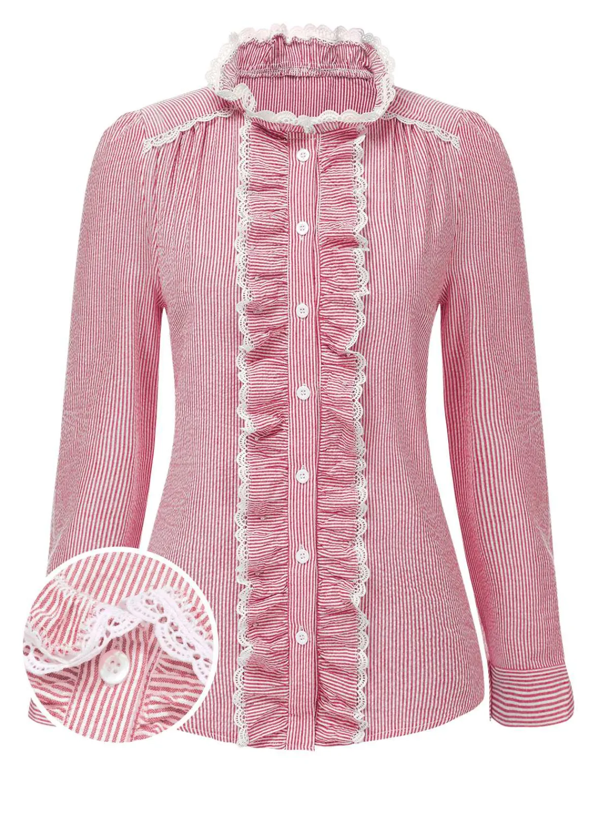 Sale Retro Stage 1940s Ruffles Lace Stripes Blouse