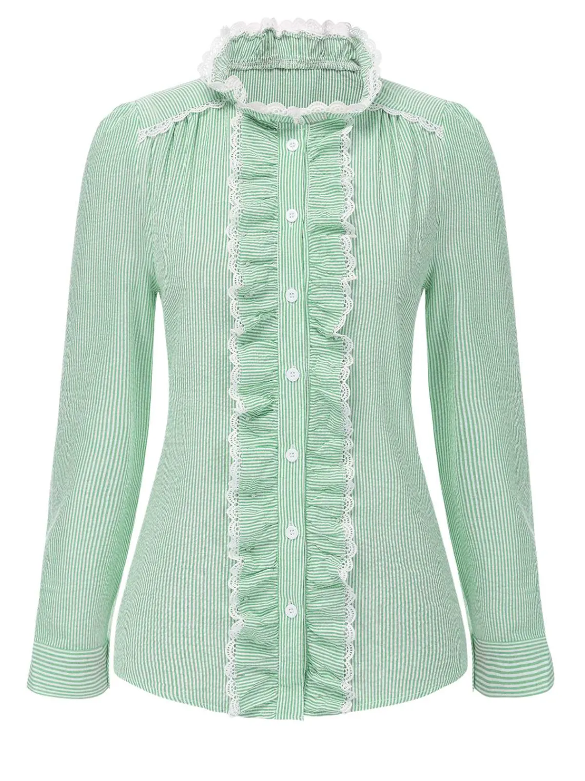 Sale Retro Stage 1940s Ruffles Lace Stripes Blouse