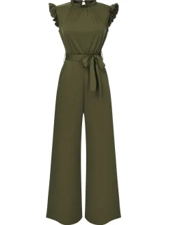 New Retro Stage 1960s Ruffles Sleeve High Waist Wide-Leg Belted Jumpsuit