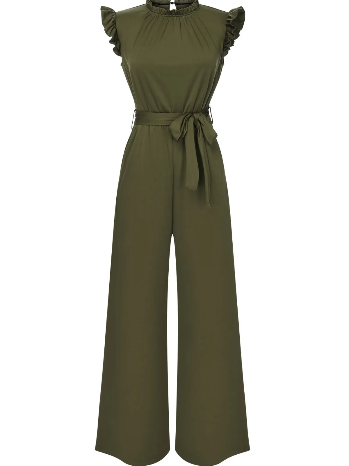 New Retro Stage 1960s Ruffles Sleeve High Waist Wide-Leg Belted Jumpsuit
