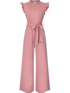 New Retro Stage 1960s Ruffles Sleeve High Waist Wide-Leg Belted Jumpsuit