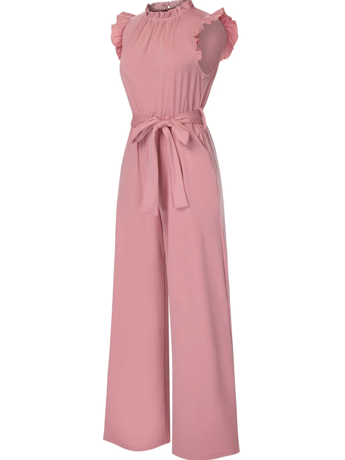New Retro Stage 1960s Ruffles Sleeve High Waist Wide-Leg Belted Jumpsuit