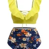 Online Retro Stage 1950s Ruffles Strap Floral Lace-Up Bikini Set