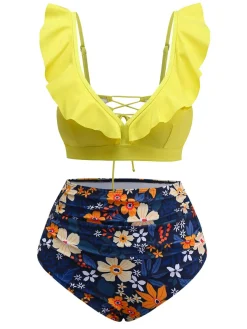 Online Retro Stage 1950s Ruffles Strap Floral Lace-Up Bikini Set