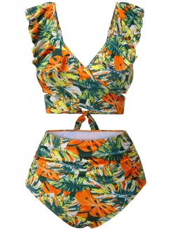 Best Retro Stage 1960s Ruffles Strap Tropical Plants Wrap Bikini Set Multicolor