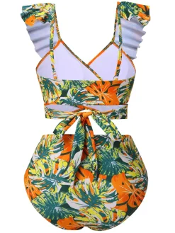 Best Retro Stage 1960s Ruffles Strap Tropical Plants Wrap Bikini Set Multicolor