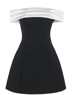 Best Retro Stage 1960s Satin Patchwork Off-shoulder Babydoll Dress