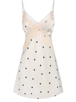 Online Retro Stage 1970s Satin Polka Dot Lace Silk Nightdress White