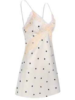 Online Retro Stage 1970s Satin Polka Dot Lace Silk Nightdress White