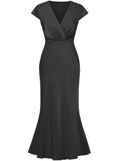 Discount Retro Stage 1930s Satin Solid V-Neck Fishtail Dress