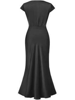Discount Retro Stage 1930s Satin Solid V-Neck Fishtail Dress