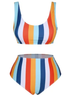 Fashion Retro Stage 1930s Scoop Neck Striped Swimsuit Set Rainbow