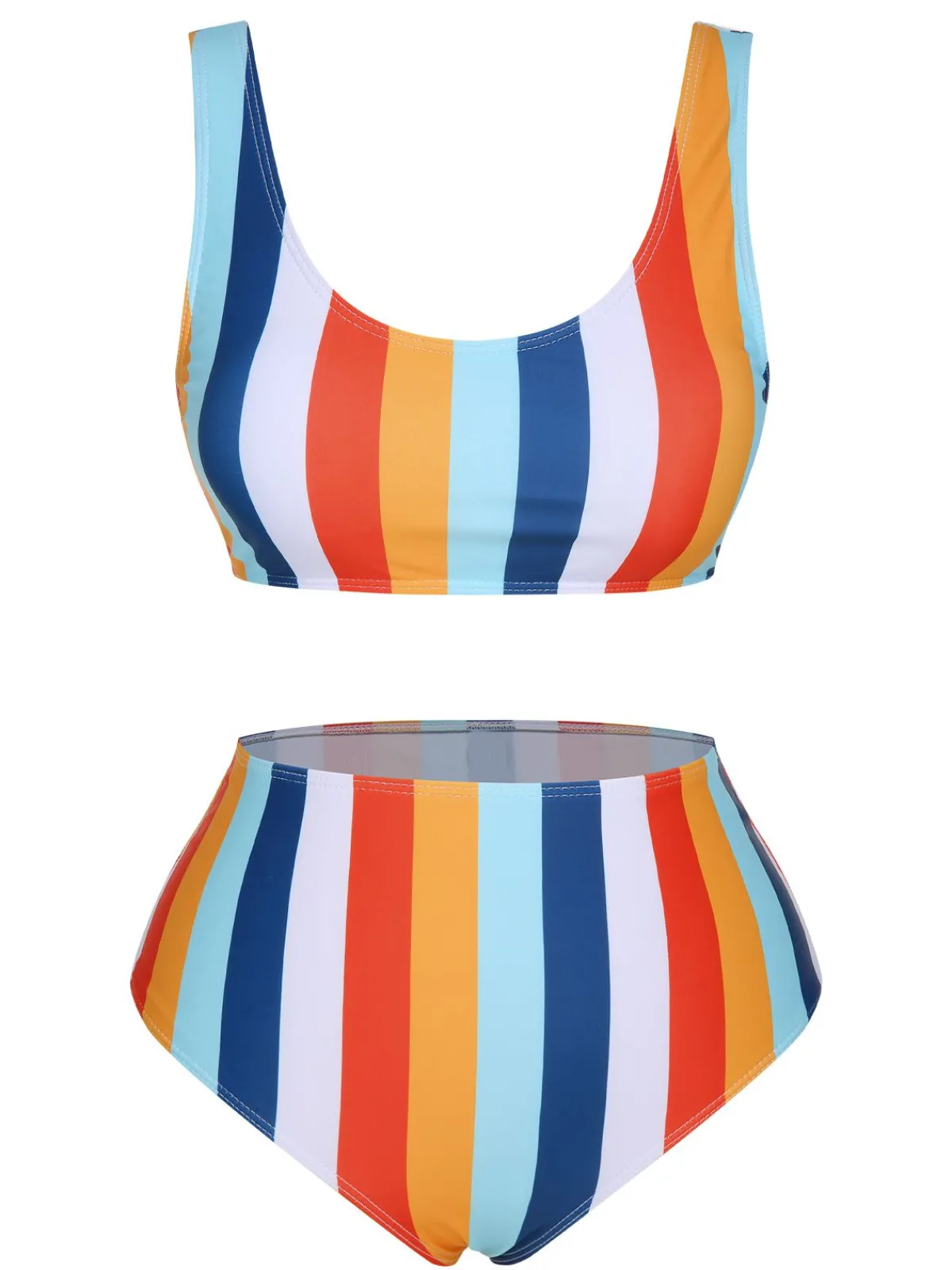 Fashion Retro Stage 1930s Scoop Neck Striped Swimsuit Set Rainbow