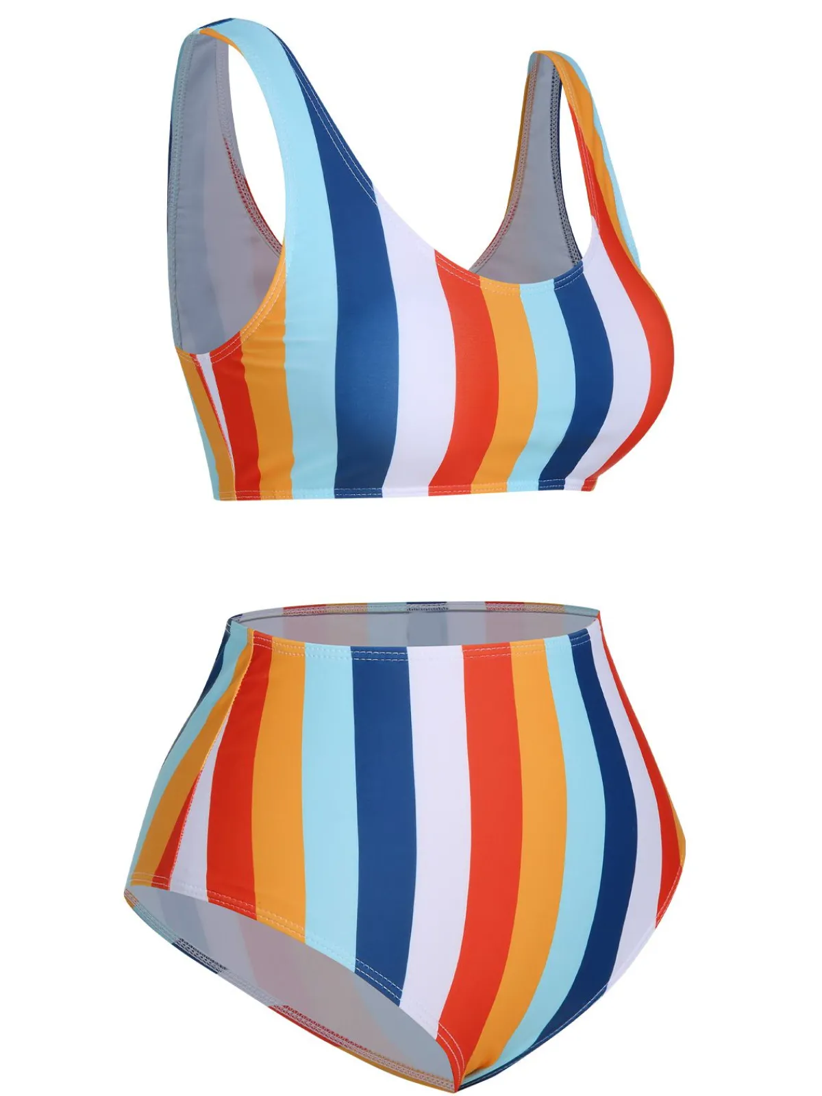 Fashion Retro Stage 1930s Scoop Neck Striped Swimsuit Set Rainbow