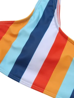 Fashion Retro Stage 1930s Scoop Neck Striped Swimsuit Set Rainbow