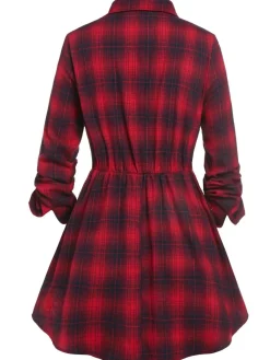 New Retro Stage 1930s Scottish Plaid Lapel Belt Blouse
